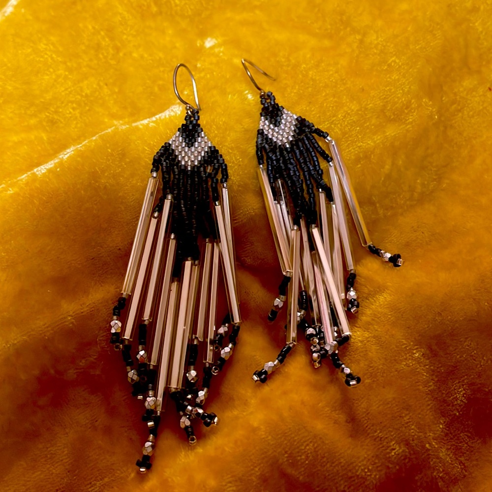 Black and Silver Seed Beaded Long Fringe Dangle Earrings Handmade